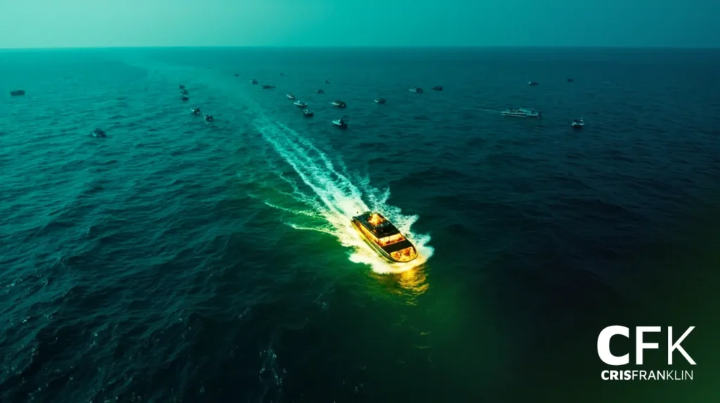 Um barco com luzes brilhantes se move pelo oceano, deixando um rastro visível, enquanto vários outros barcos estão espalhados à distância. As iniciais "CFK" e "Cris Franklin" aparecem no canto.