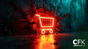 Um letreiro de carrinho de compras em neon brilhante está embutido em uma parede escura e rachada com vergalhões expostos, refletindo a luz no chão. O texto "CFK CRISFRANKLIN" aparece no canto inferior direito.