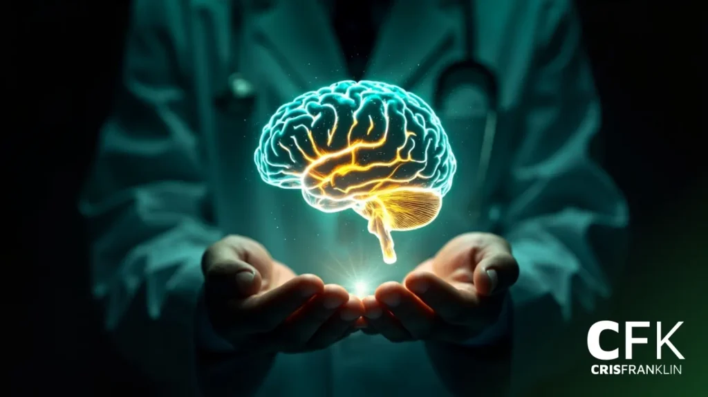 Uma pessoa em um jaleco de laboratório segura uma ilustração digital brilhante de um cérebro humano com vias neurais, simbolizando a pesquisa médica ou científica.