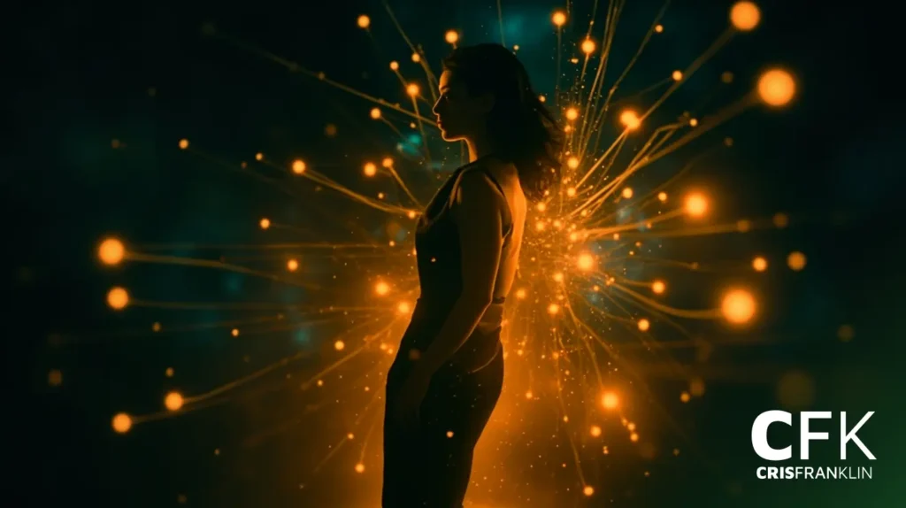 Uma mulher está de perfil, cercada por orbes de luz laranja brilhante e linhas que se irradiam para fora, criando um efeito abstrato e futurista. "CFK Cris Franklin" está visível no canto inferior direito.