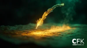Uma pena brilhante paira sobre um manuscrito antigo, iluminando o texto manuscrito com uma luz dourada quente. As iniciais "CFK" e "Cris Franklin" aparecem no canto inferior direito.