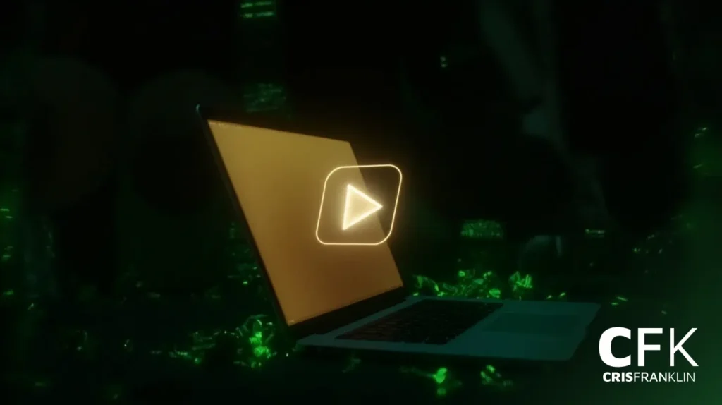 Um laptop com tela amarela fica entre luzes verdes, sobreposto a um ícone de botão de reprodução translúcido. O canto inferior direito exibe o logotipo "CFK CRISFRANKLIN.