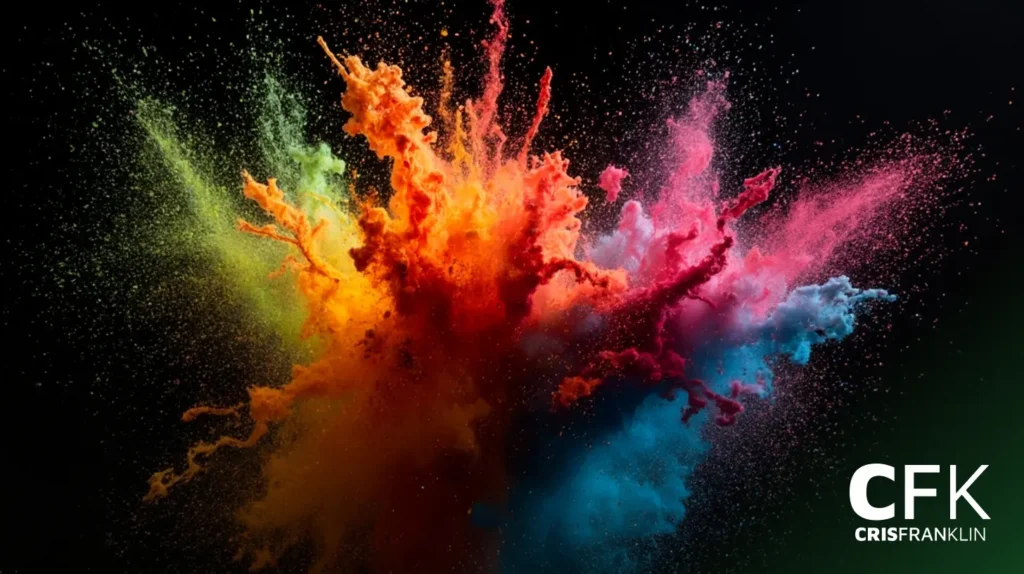 Uma explosão de pó colorido em tons de laranja, amarelo, verde, azul e rosa em um fundo preto, com o logotipo "CFK CrisFranklin" no canto inferior direito.