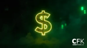 Um cifrão digital brilhante aparece em um fundo verde e abstrato com o texto "CFK CRISFRANKLIN" no canto inferior direito.