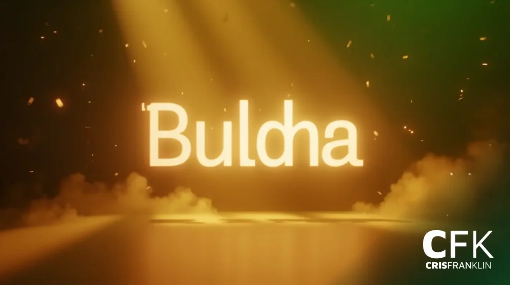 A palavra "Buldha" brilha em uma luz amarela intensa com fumaça e partículas, sob holofotes. O logotipo "CFK CRISFRANKLIN" aparece no canto inferior direito.