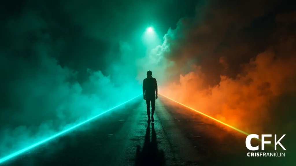 Uma pessoa caminha por uma estrada iluminada por luzes verdes e laranja, cercada por neblina, com o texto "CFK Cris Franklin" no canto inferior direito.