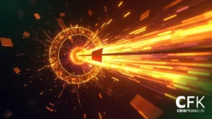 Arte digital abstrata mostrando feixes de energia laranja e amarela brilhantes irradiando de um centro circular, com o texto "CFK CRISFRANKLIN" no canto inferior direito.