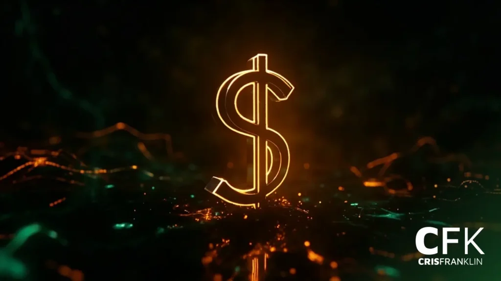 Um letreiro de dólar em neon brilhante está na vertical contra um fundo escuro com efeitos de luz laranja e verde espalhados. "CFK CRISFRANKLIN" é exibido no canto inferior direito.