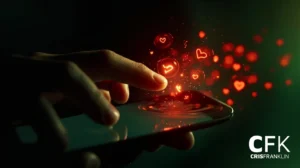 Uma mão toca a tela de um smartphone, liberando ícones de corações vermelhos brilhantes, simbolizando curtidas em mídias sociais ou afeto digital. CFK CRIS FRANKLIN está visível no canto inferior direito.