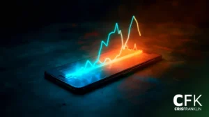 Um smartphone exibe um gráfico brilhante e colorido acima da tela, sugerindo análise de dados digitais ou tendências financeiras. A imagem inclui o logotipo "CFK CRISFRANKLIN" no canto.