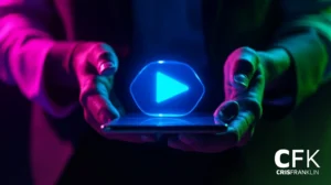 Pessoa segurando um smartphone com um holograma azul brilhante do botão play acima dele; a cena é iluminada com luz neon roxa e azul. O logotipo da CFK CRISFRANKLIN está visível no canto.