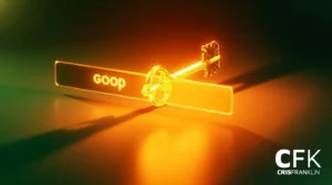 Uma chave brilhante passa por uma barra de pesquisa iluminada com a palavra "goop"; os logotipos CFK e Cris Franklin estão no canto inferior direito.