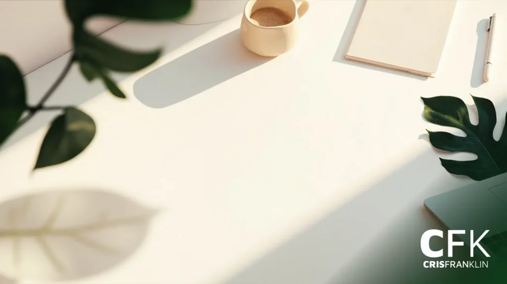 Espaço de trabalho minimalista com uma mesa branca, xícara de café, bloco de notas, laptop e folhas de plantas; a luz do sol projeta sombras sobre a superfície. Logotipo "CFK CRISFRANKLIN" no canto inferior direito.