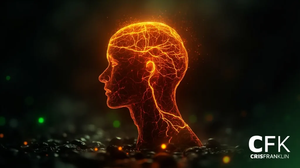 Uma cabeça humana em wireframe laranja brilhante com padrões de rede neural é mostrada em um fundo escuro. As letras "CFK" e "Cris Franklin" aparecem no canto inferior direito.