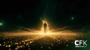 Uma figura em silhueta está em um campo brilhante de luz amarela com feixes de energia irradiando, em um fundo escuro. As iniciais "CFK CRISFRANKLIN" aparecem no canto inferior direito.