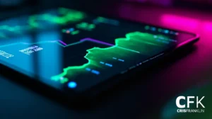 Um tablet digital exibe um gráfico verde brilhante do mercado de ações ou financeiro, iluminado em um ambiente escuro. A imagem tem a marca "CFK CRISFRANKLIN" no canto inferior direito.