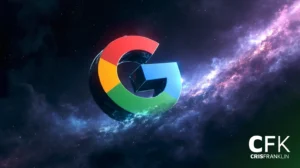 Um logotipo 3D do Google "G" com acabamento metálico flutua no espaço, com uma galáxia colorida como pano de fundo. "CFK CRISFRANKLIN" está escrito no canto inferior direito.