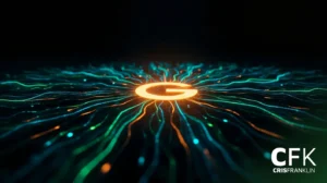Uma letra "G" brilhante está centralizada com linhas de neon radiantes em um fundo escuro. As iniciais "CFK" e "Cris Franklin" aparecem no canto inferior direito.