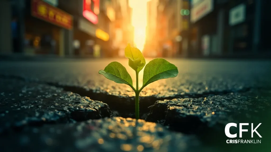 Uma pequena planta verde cresce através de uma rachadura no asfalto em uma rua da cidade ao nascer do sol, com prédios borrados ao fundo.