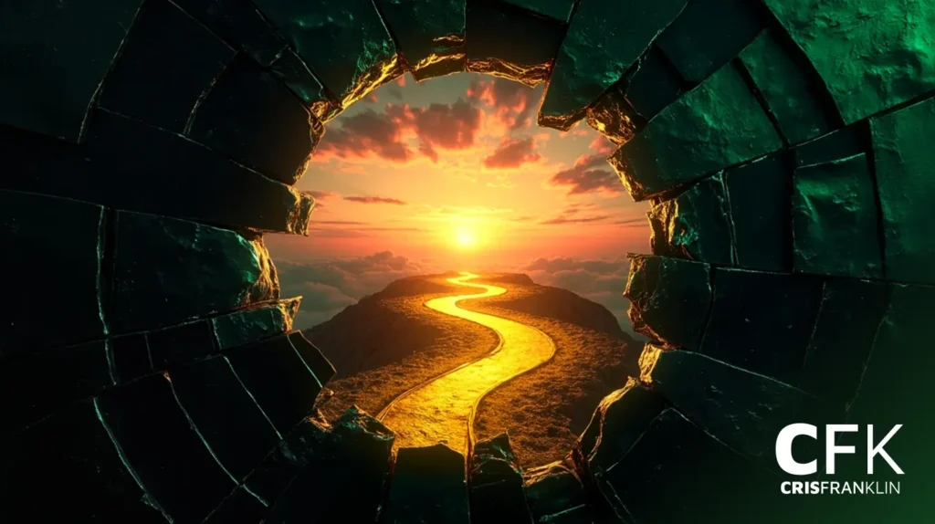 Um caminho sinuoso e dourado leva a um pôr do sol brilhante, visto através de uma abertura redonda em uma parede de pedra escura.