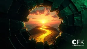 Um caminho sinuoso e dourado leva a um pôr do sol brilhante, visto através de uma abertura redonda em uma parede de pedra escura.