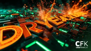 A palavra "DREAM" em letras 3D em negrito, laranja, com faíscas e luzes verdes brilhantes; CFK CRISFRANKLIN está escrito no canto inferior direito.