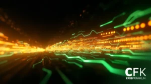 Imagem abstrata digital com linhas e pontos verdes e laranja brilhantes em forma de circuito em um fundo escuro, com o texto "CFK CRISFRANKLIN" no canto inferior direito.