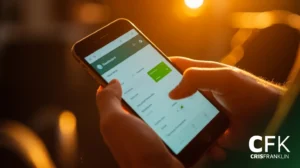 Uma pessoa segura um smartphone que exibe uma tela de painel com gráficos e dados, em um ambiente quente e com iluminação suave.