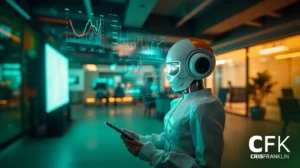 Um robô humanoide segurando um tablet analisa gráficos de dados virtuais em um ambiente de escritório moderno.