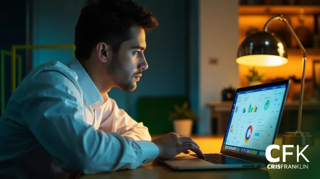Um homem de camisa branca trabalha em um laptop que exibe gráficos e diagramas em uma mesa, iluminado por uma lâmpada de mesa em uma sala pouco iluminada.
