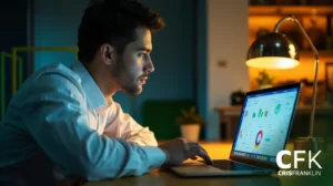 Um homem de camisa branca trabalha em um laptop que exibe gráficos e diagramas em uma mesa, iluminado por uma lâmpada de mesa em uma sala pouco iluminada.
