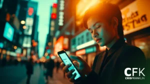 Uma pessoa está em uma rua movimentada da cidade à noite, olhando para um smartphone. Luzes brilhantes e letreiros de lojas iluminam o fundo.