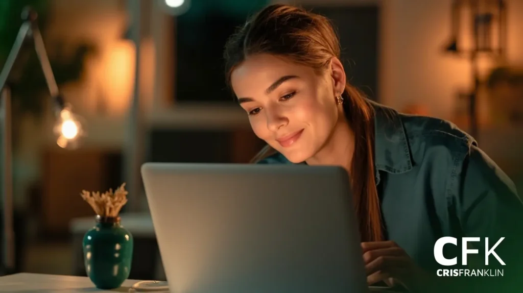 Uma mulher sentada em uma mesa, olhando para um laptop e sorrindo, com iluminação suave e uma pequena planta ao seu lado. O logotipo "CFK CRISFRANKLIN" aparece no canto.