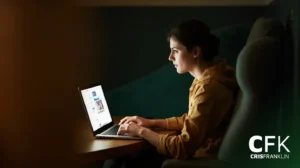 Uma pessoa está sentada em uma mesa usando um laptop, iluminada pela tela em uma sala pouco iluminada. O laptop exibe uma página da Web. O logotipo da CFK CRISFRANKLIN está no canto inferior direito.