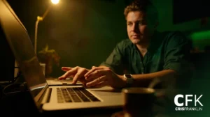 Um homem trabalha em um laptop em uma mesa sob uma lâmpada, com uma xícara e uma planta por perto. As iniciais "CFK" e "Cris Franklin" estão visíveis no canto inferior direito.