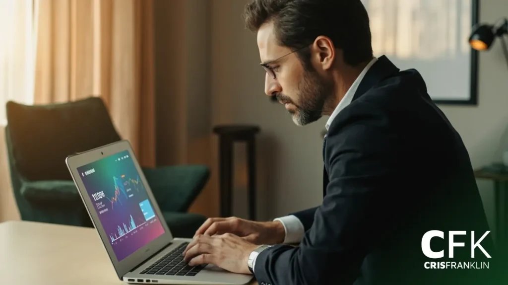 Um homem de terno está sentado em uma mesa trabalhando em um laptop que exibe gráficos financeiros. O logotipo "CFK CRISFRANKLIN" está visível no canto inferior direito.