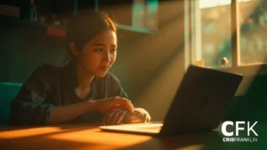 Uma jovem mulher senta-se em uma mesa usando um laptop, banhada pela luz quente do sol que entra por uma janela. O logotipo "CFK CRIS FRANKLIN" aparece no canto inferior direito.