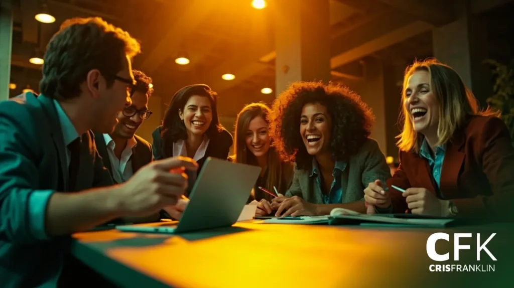 Um grupo de seis profissionais senta-se ao redor de uma mesa, sorrindo e rindo enquanto olha para um laptop em um ambiente de escritório bem iluminado.