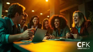 Um grupo de seis profissionais senta-se ao redor de uma mesa, sorrindo e rindo enquanto olha para um laptop em um ambiente de escritório bem iluminado.