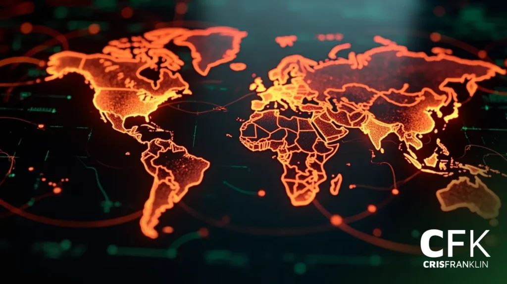 Mapa digital do mundo em linhas laranja brilhantes em um fundo escuro, mostrando as fronteiras dos países; marca d'água CFK CRISFRANKLIN no canto inferior direito.