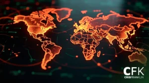 Mapa digital do mundo em linhas laranja brilhantes em um fundo escuro, mostrando as fronteiras dos países; marca d'água CFK CRISFRANKLIN no canto inferior direito.