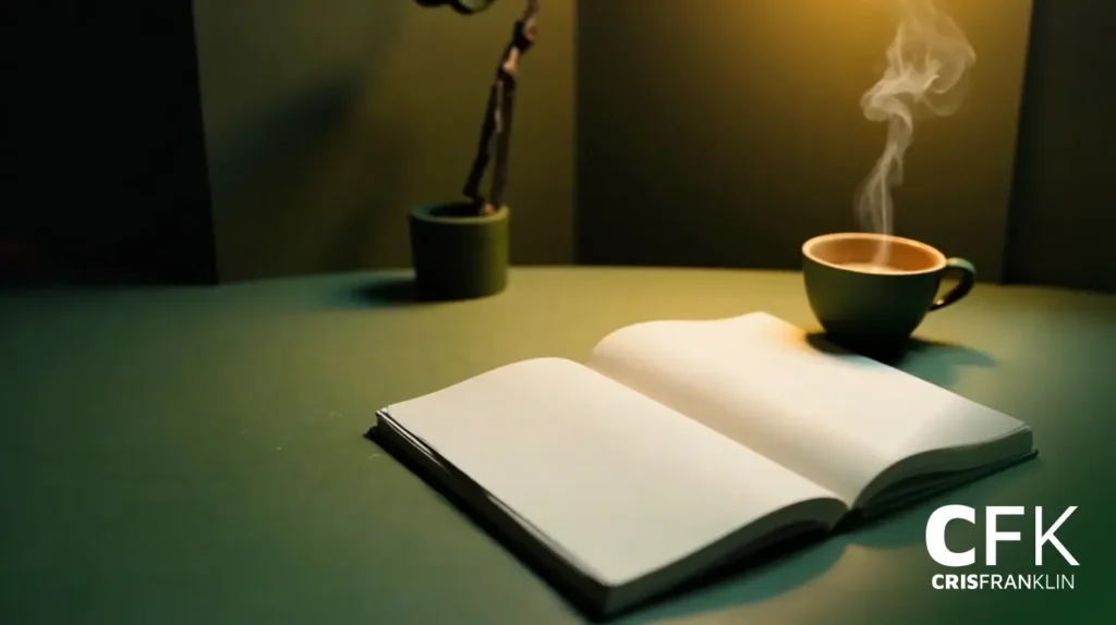 Um caderno em branco aberto está sobre uma mesa verde ao lado de uma xícara de café fumegante e um pequeno vaso de plantas sob uma iluminação quente.