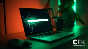 Um laptop em uma mesa exibe uma tela rachada com uma barra de pesquisa, cercada por uma caneca, um mouse e um vaso de plantas em uma iluminação verde e laranja. O logotipo da CFK CRISFRANKLIN está visível.