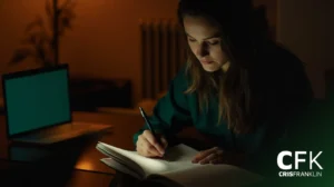 Uma mulher está sentada em uma mesa pouco iluminada, escrevendo em um caderno, com um laptop fechado por perto. O canto tem o logotipo "CFK CRISFRANKLIN.