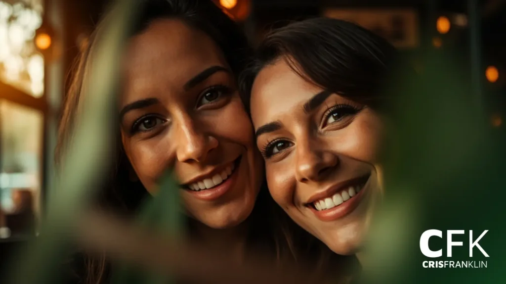 Duas mulheres sorrindo juntas em um ambiente interno, com folhas verdes obscurecendo parcialmente o primeiro plano. Iluminação quente e as iniciais "CFK" e "Cris Franklin" aparecem no canto inferior direito.