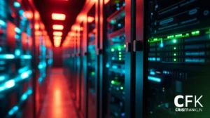 Uma sala de servidores com fileiras de servidores de computador iluminados com luz vermelha e azul; o logotipo "CFK CRISFRANKLIN" está visível no canto inferior direito.