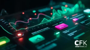 Um painel de controle digital futurista exibe gráficos de dados, estatísticas e botões coloridos, com o logotipo "CFK CRIS FRANKLIN" visível no canto inferior direito.