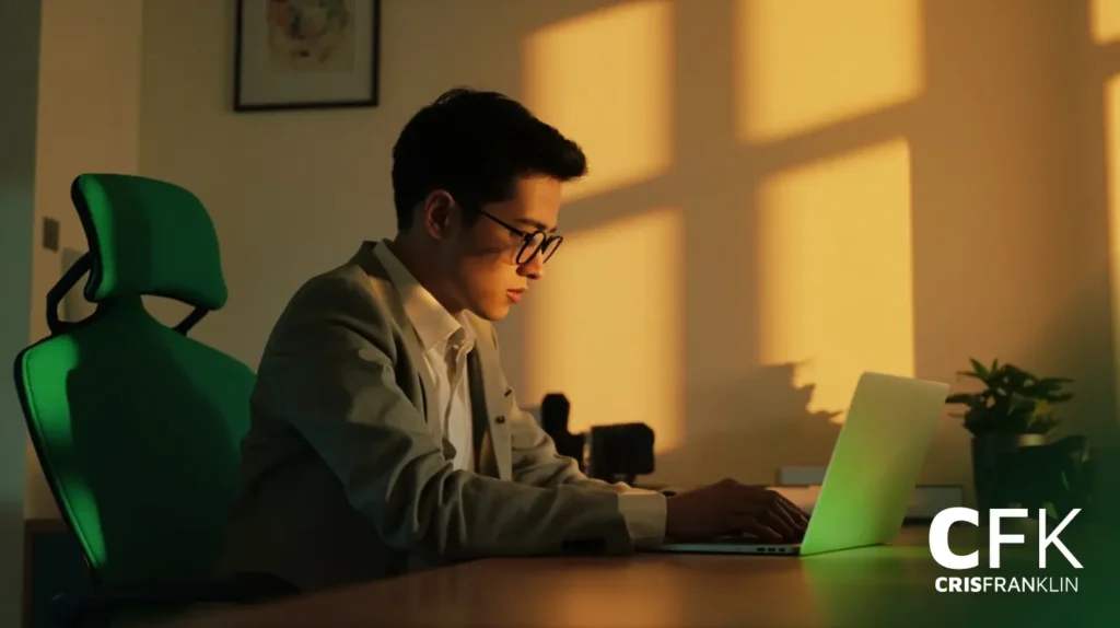 Uma pessoa de terno e óculos trabalha em um laptop em uma mesa, com a luz quente do sol projetando sombras na parede atrás deles. O texto "CFK CRISFRANKLIN" está visível no canto inferior direito.