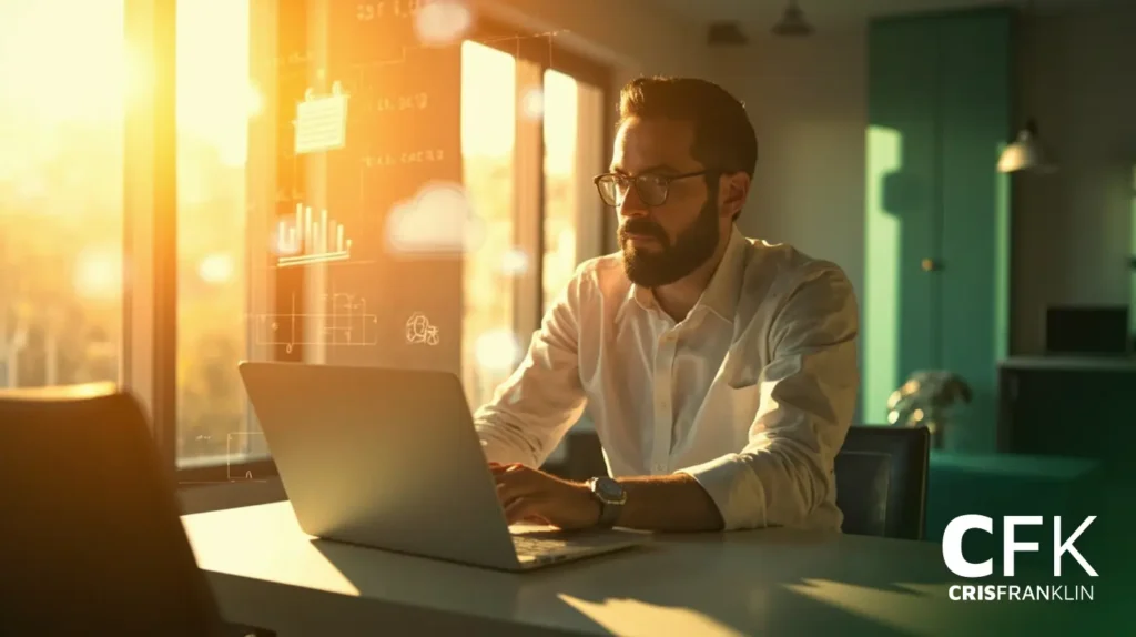 Um homem de óculos trabalha em um laptop em uma mesa em um escritório iluminado pelo sol, com gráficos de dados projetados na janela. O logotipo "CFK Cris Franklin" está no canto inferior direito.