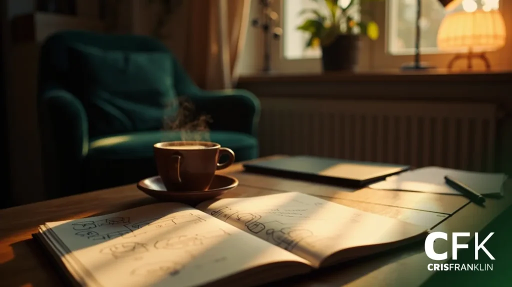 Uma xícara de café fumegante está sobre uma mesa ao lado de um caderno aberto com esboços, em uma sala aconchegante com poltrona, janela e iluminação suave.